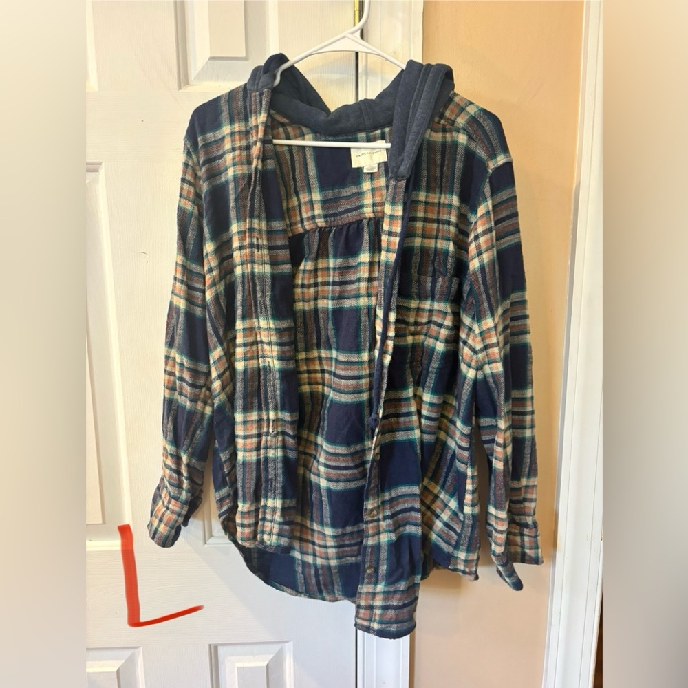 American Eagle Outfitters Plaid Hoodie - Blue and Cream